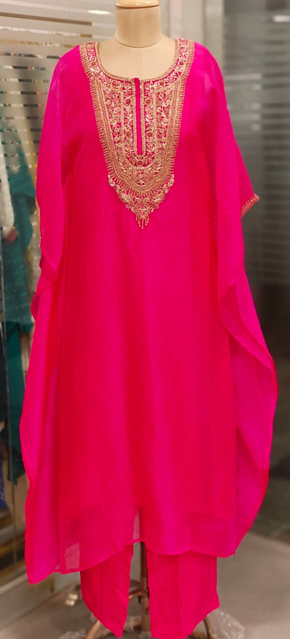 Vibrant Tone Premium Zardosi Crystal Hang Tissue Organza Kaftan With Crepe Inner & Simple Bottom
