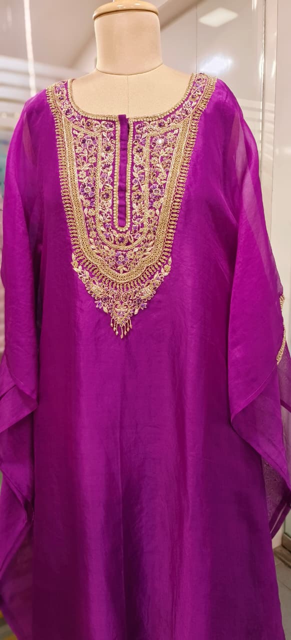 Vibrant Tone Premium Zardosi Crystal Hang Tissue Organza Kaftan With Crepe Inner & Simple Bottom
