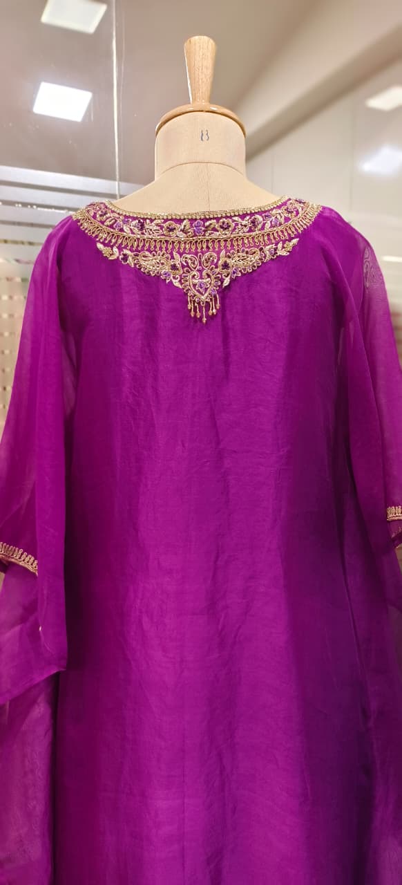 Vibrant Tone Premium Zardosi Crystal Hang Tissue Organza Kaftan With Crepe Inner & Simple Bottom