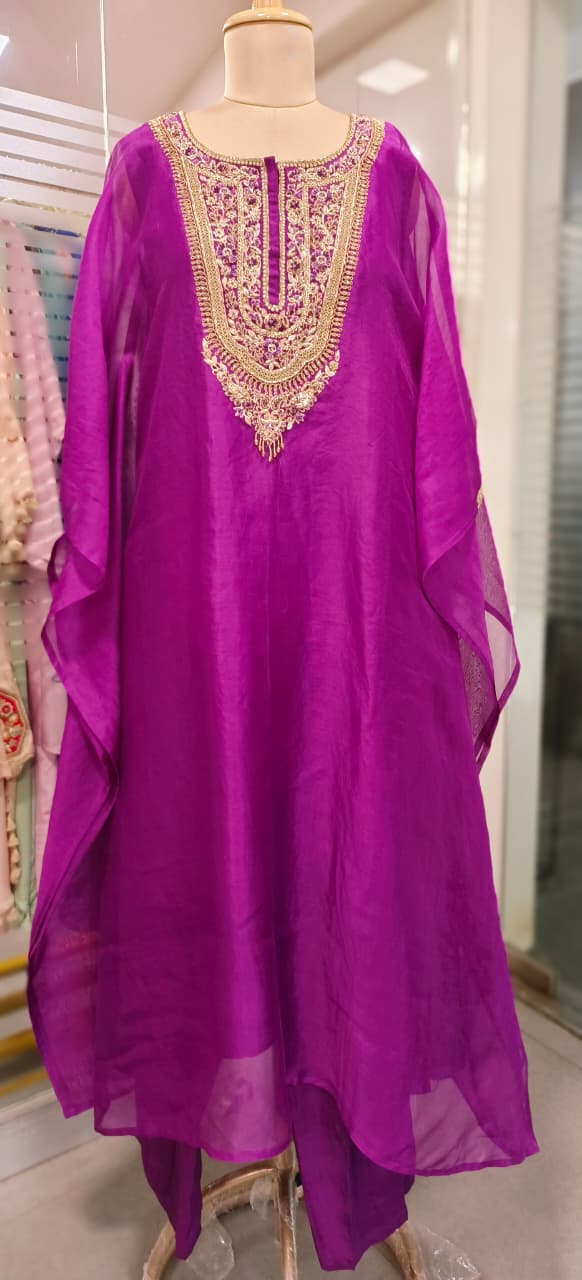 Vibrant Tone Premium Zardosi Crystal Hang Tissue Organza Kaftan With Crepe Inner & Simple Bottom