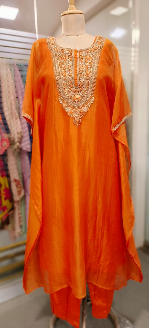 Vibrant Tone Premium Zardosi Crystal Hang Tissue Organza Kaftan With Crepe Inner & Simple Bottom