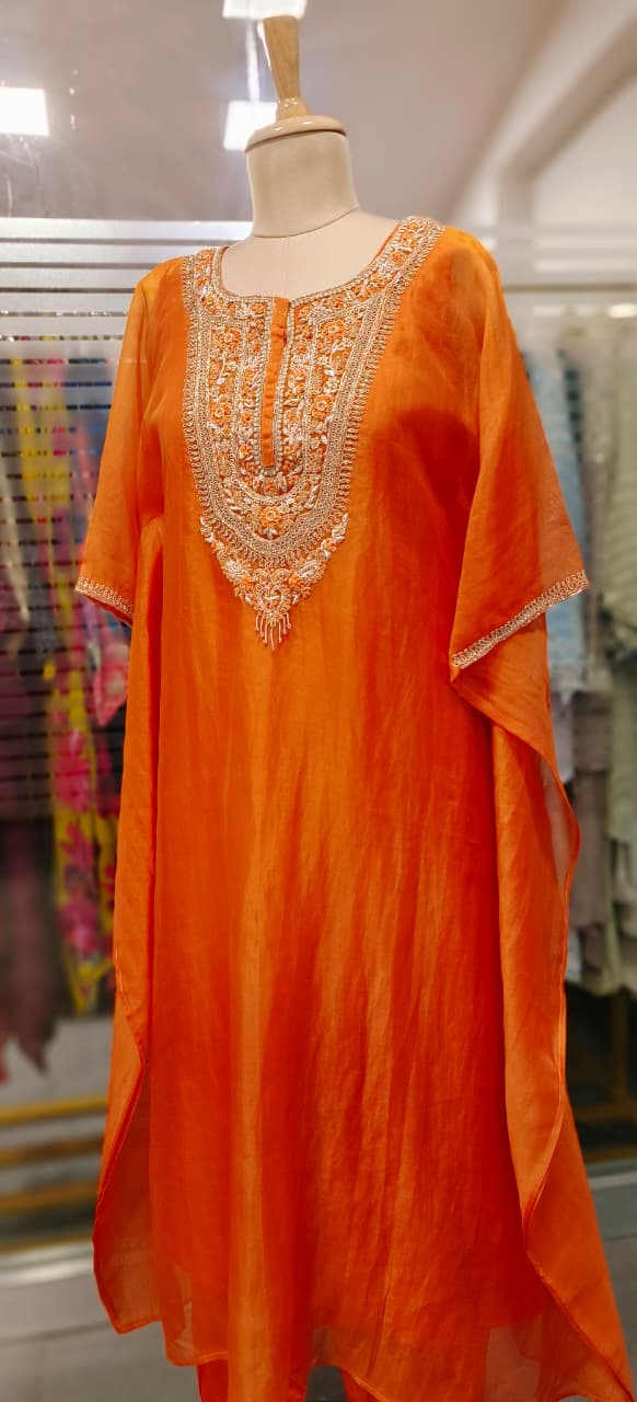 Vibrant Tone Premium Zardosi Crystal Hang Tissue Organza Kaftan With Crepe Inner & Simple Bottom