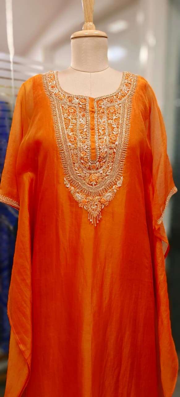 Vibrant Tone Premium Zardosi Crystal Hang Tissue Organza Kaftan With Crepe Inner & Simple Bottom