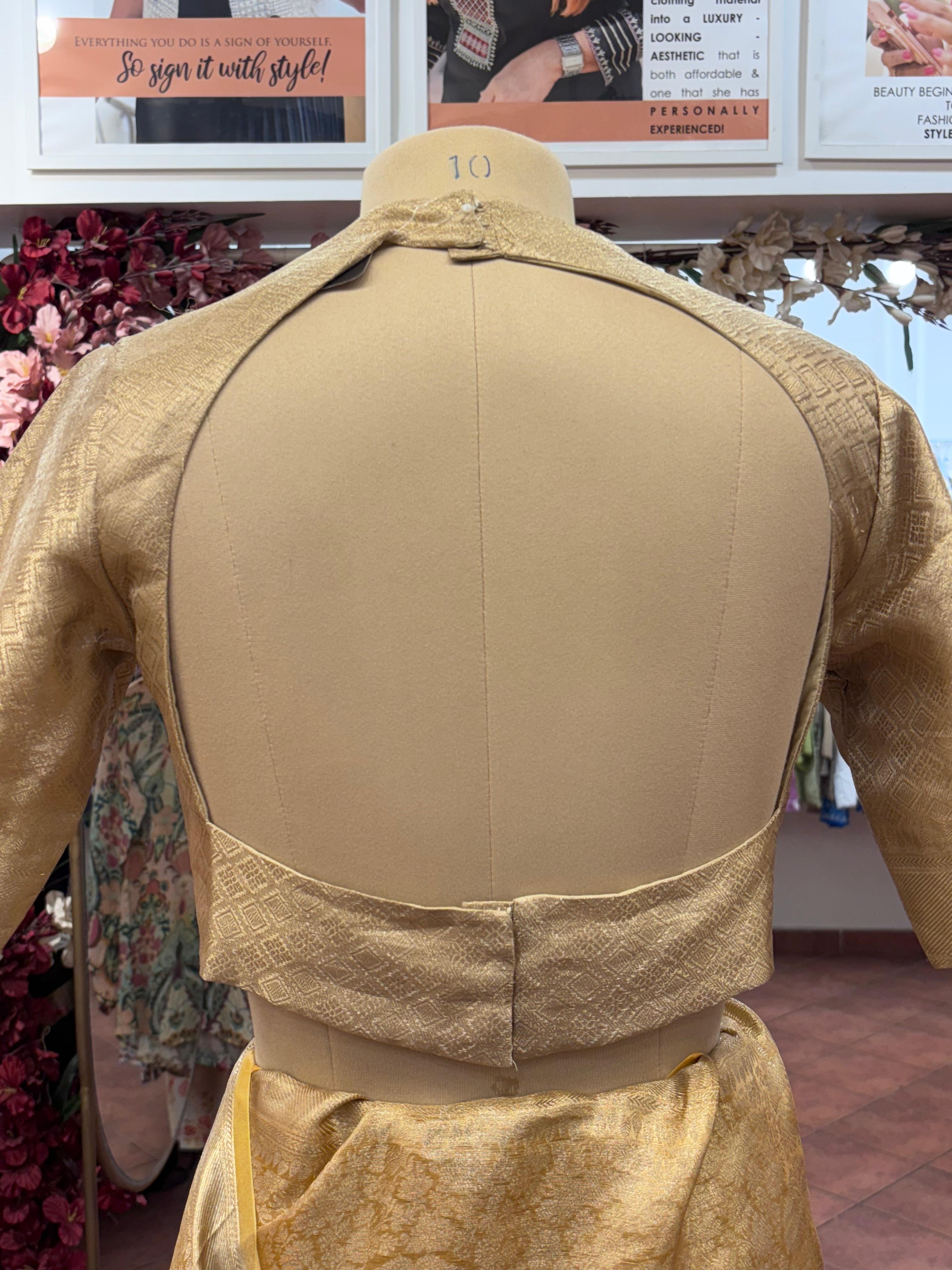 Beautiful Yoke High Neck Blouse Designer Ready To Wear Saree In Silk Fabric