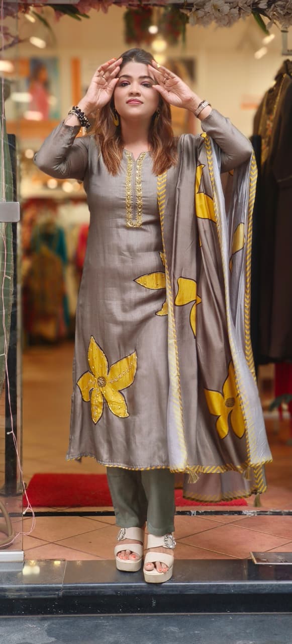 Digital Floral Patched With Tiny Foil Work Full Suit Set With Dupatta In Dola Silk Fabric- 11514