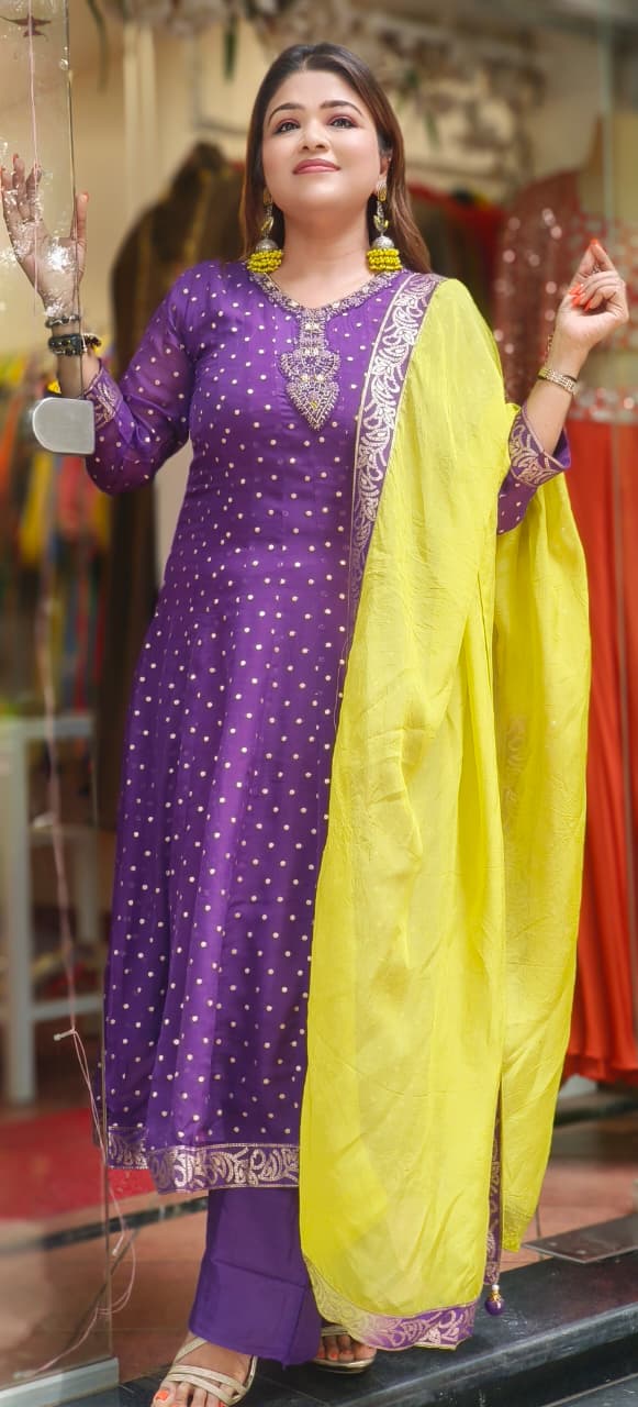 Minimal Neck Work Polka Dotted Panel Anarkali Full Suit Set With Dupatta In Organza Fabric