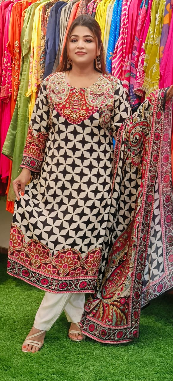 Very Unique Multicolor Work Abstract Print Full Suit Set With Dupatta In Crepe Fabric