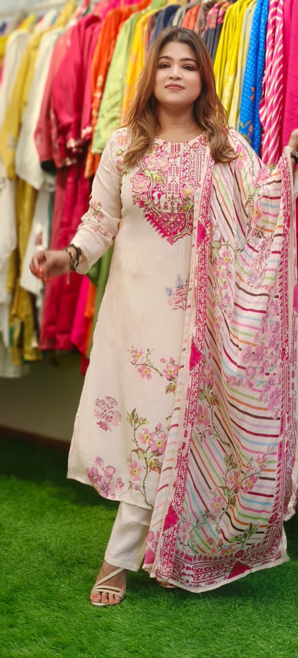 Complete Printed Floral Creamy Pastel Full Suit Set With Dupatta In Crepe Fabric