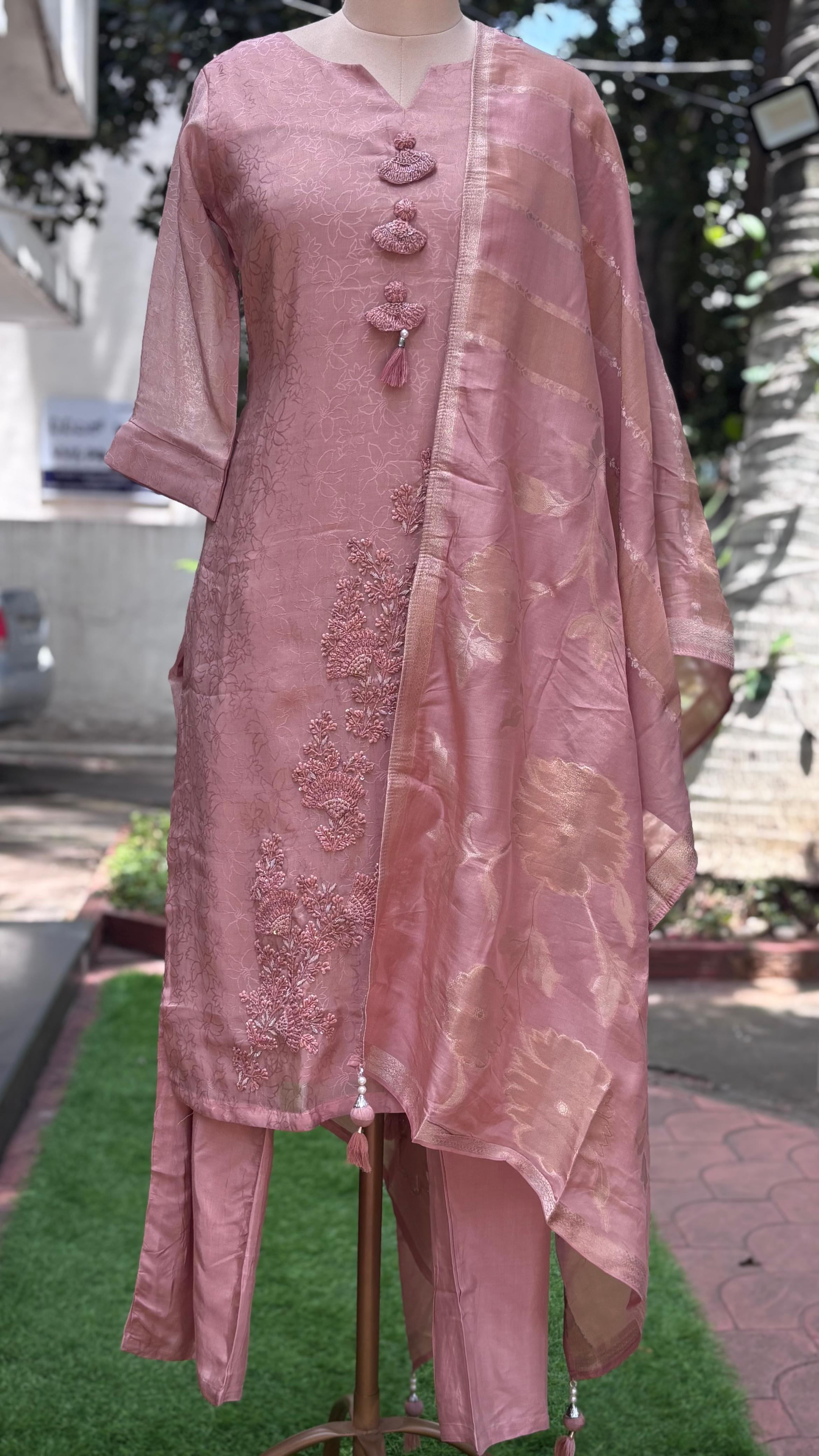 Pastel Elegance Thread Hand Work Tassel Hang Full Suit Set With Banarasi Dupatta In Tissue Fabric-11655,11656,11660