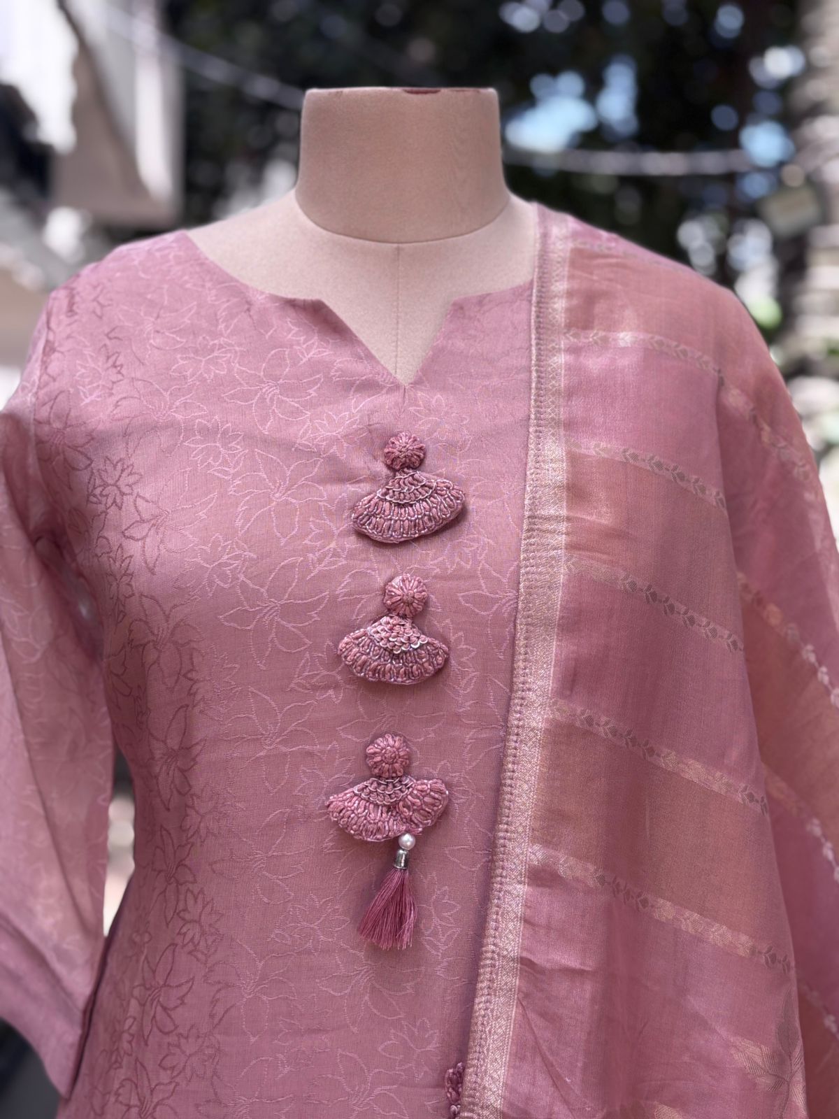 Pastel Elegance Thread Hand Work Tassel Hang Full Suit Set With Banarasi Dupatta In Tissue Fabric-11655,11656,11660