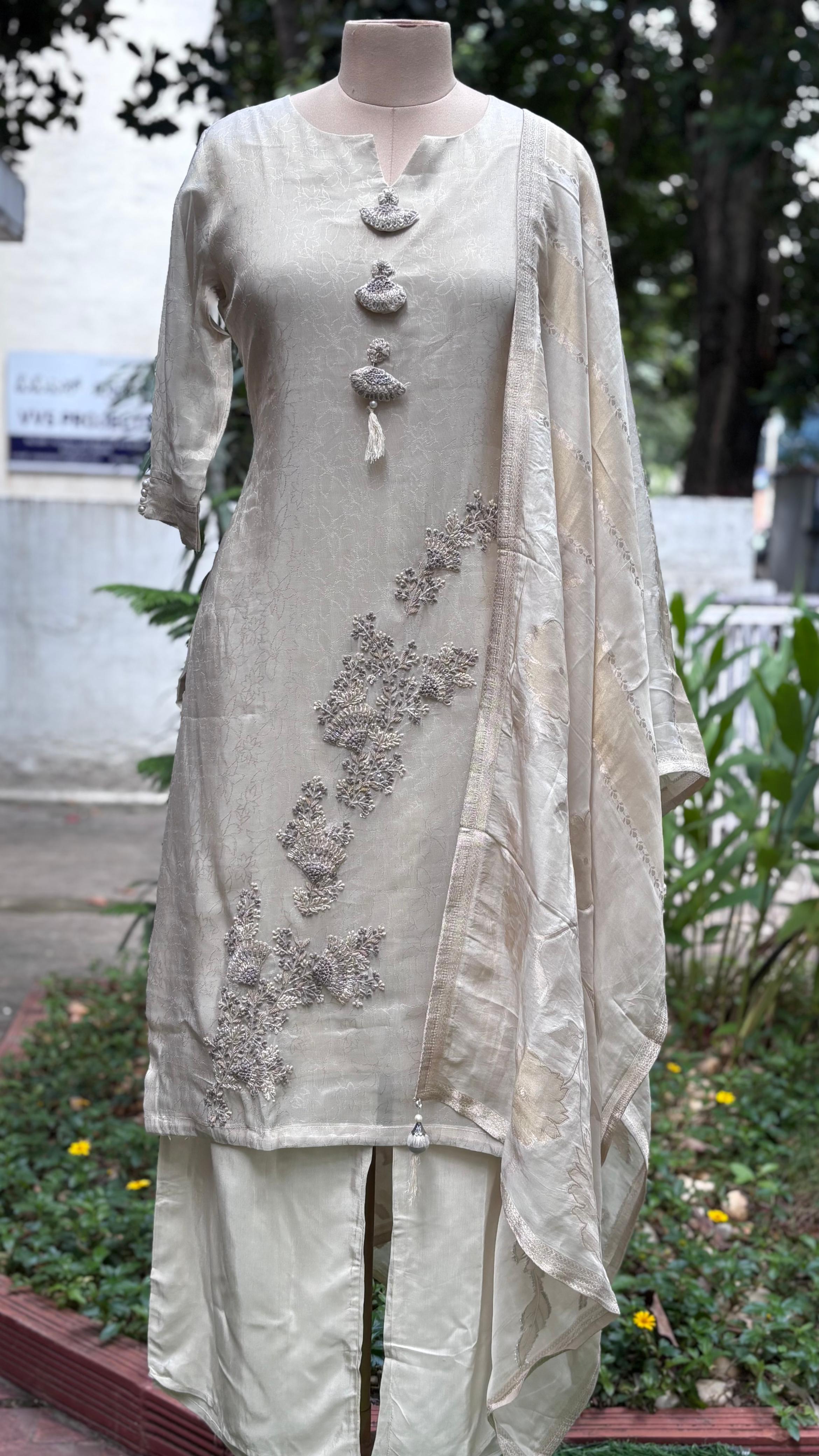 Pastel Elegance Thread Hand Work Tassel Hang Full Suit Set With Banarasi Dupatta In Tissue Fabric-11655,11656,11660