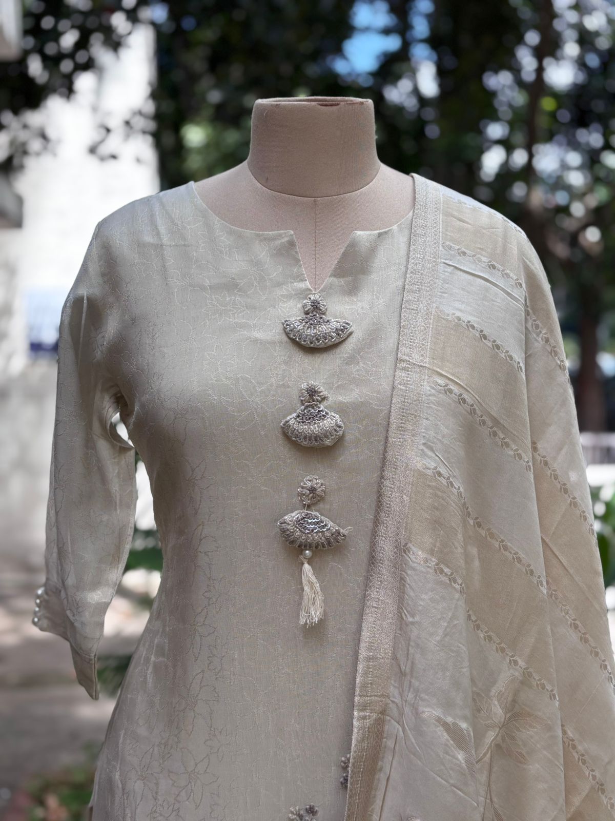 Pastel Elegance Thread Hand Work Tassel Hang Full Suit Set With Banarasi Dupatta In Tissue Fabric-11655,11656,11660