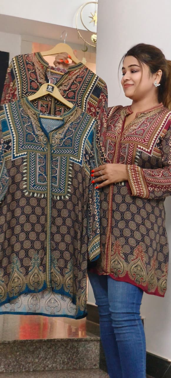 Royal Indigo Block Printed Short Kurti Only In Crepe Fabric