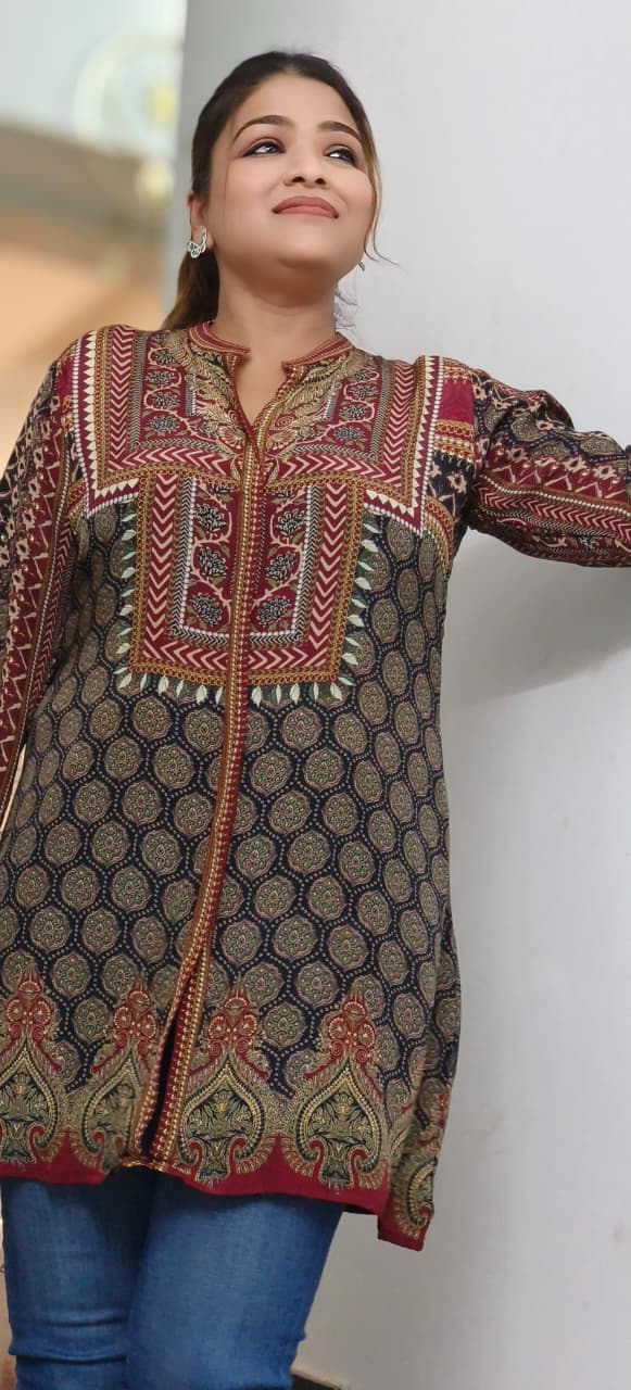 Royal Indigo Block Printed Short Kurti Only In Crepe Fabric