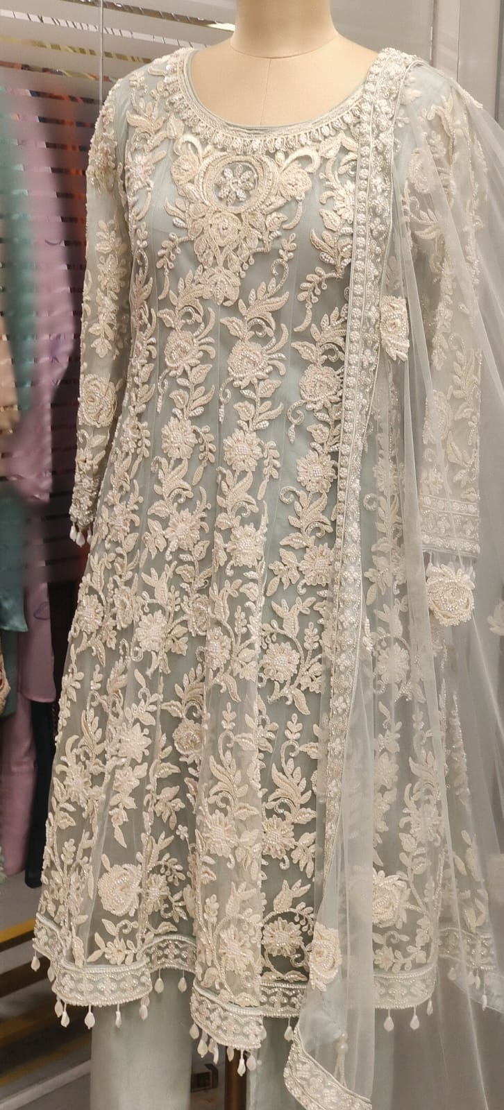 Thread Embroidered Elegance Puplum Style A-Line Kurta With Straight Bottom & Bordered Netted Dupatta- 11320