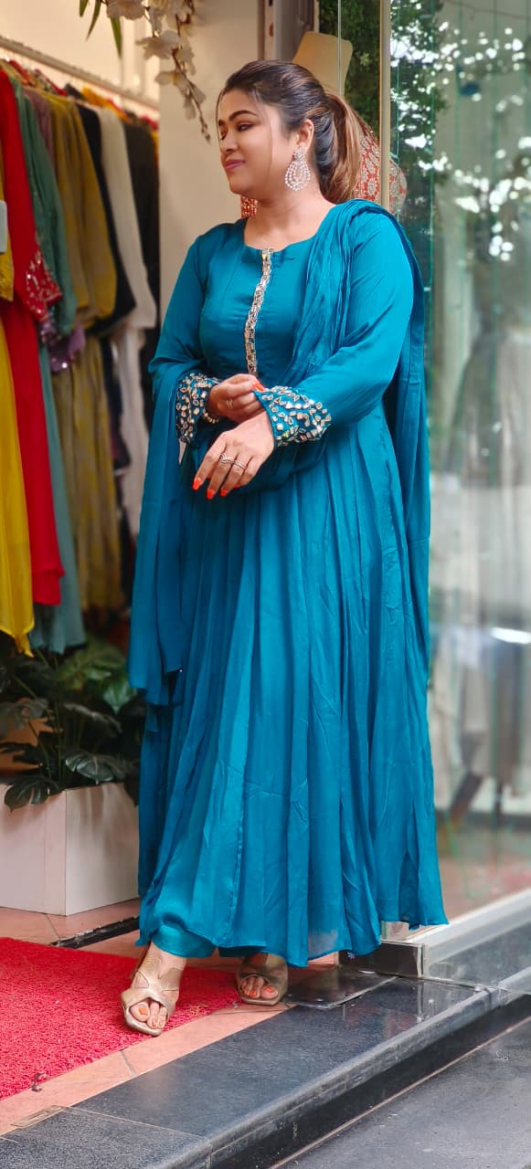 Real Mirror Placements Minimal Work Solid Panel Anarkali Full Suit Set With Dupatta In Chinon Fabric- 09145