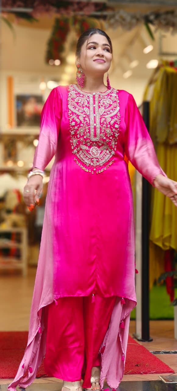 Very Beautiful Handworked Yoke With Crystal Tassel Hang Ombre Look Kurta Pant Set In Pure Gajji Satin Fabric- 11624, 11625, 11626