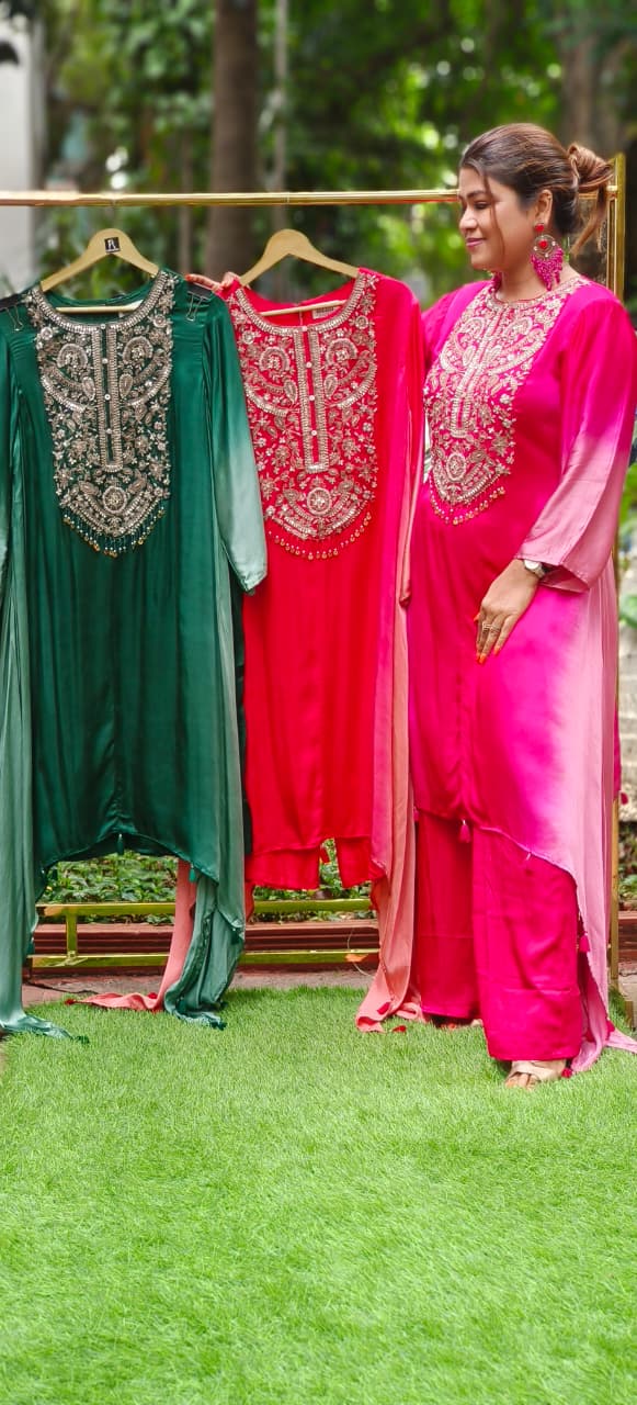 Very Beautiful Handworked Yoke With Crystal Tassel Hang Ombre Look Kurta Pant Set In Pure Gajji Satin Fabric- 11624, 11625, 11626