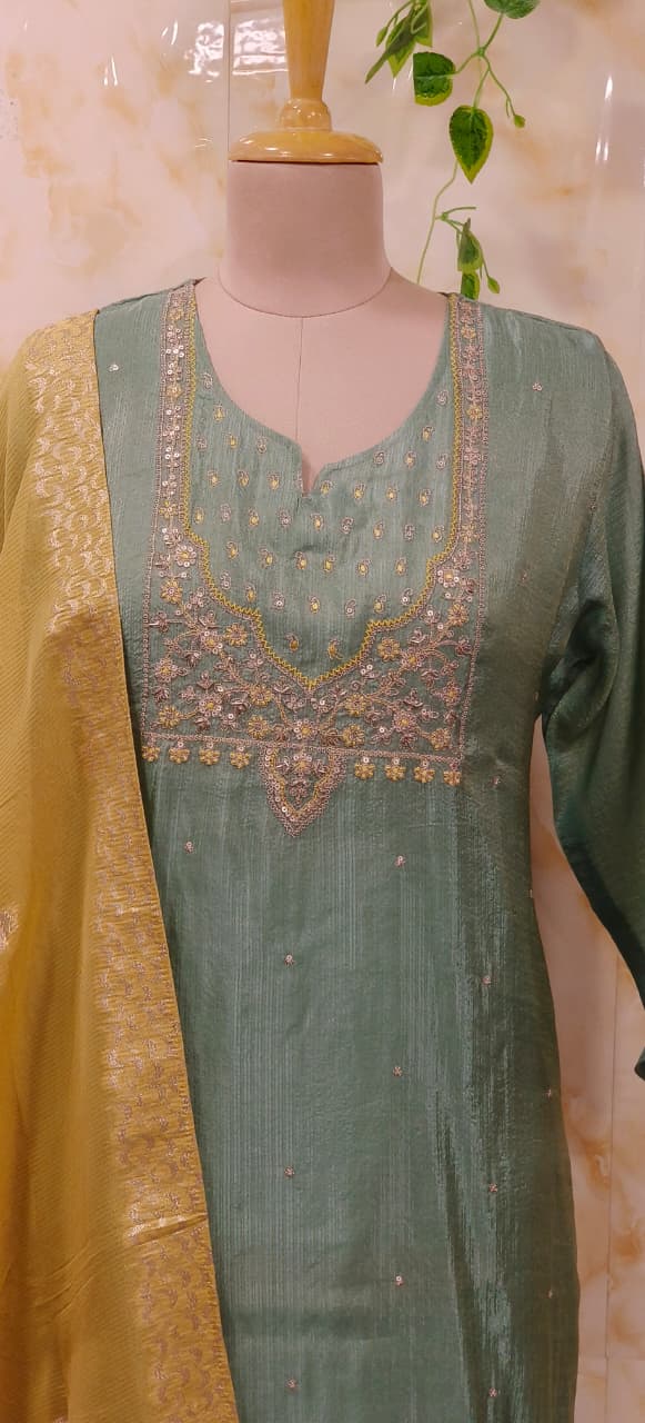 Very Elegant Sober Look Shimmery Front Yoked Full Suit Set With Dupatta In Tissue Fabric- 11664