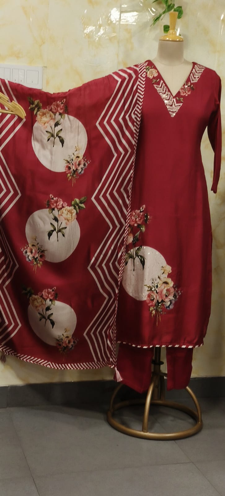 Digital Floral Print V-Necked A-Line Full Suit Set With Dupatta In Russian Silk Fabric- 11572