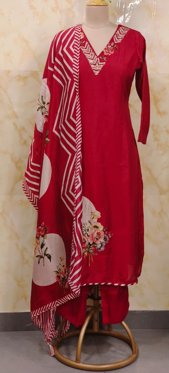 Digital Floral Print V-Necked A-Line Full Suit Set With Dupatta In Russian Silk Fabric- 11572