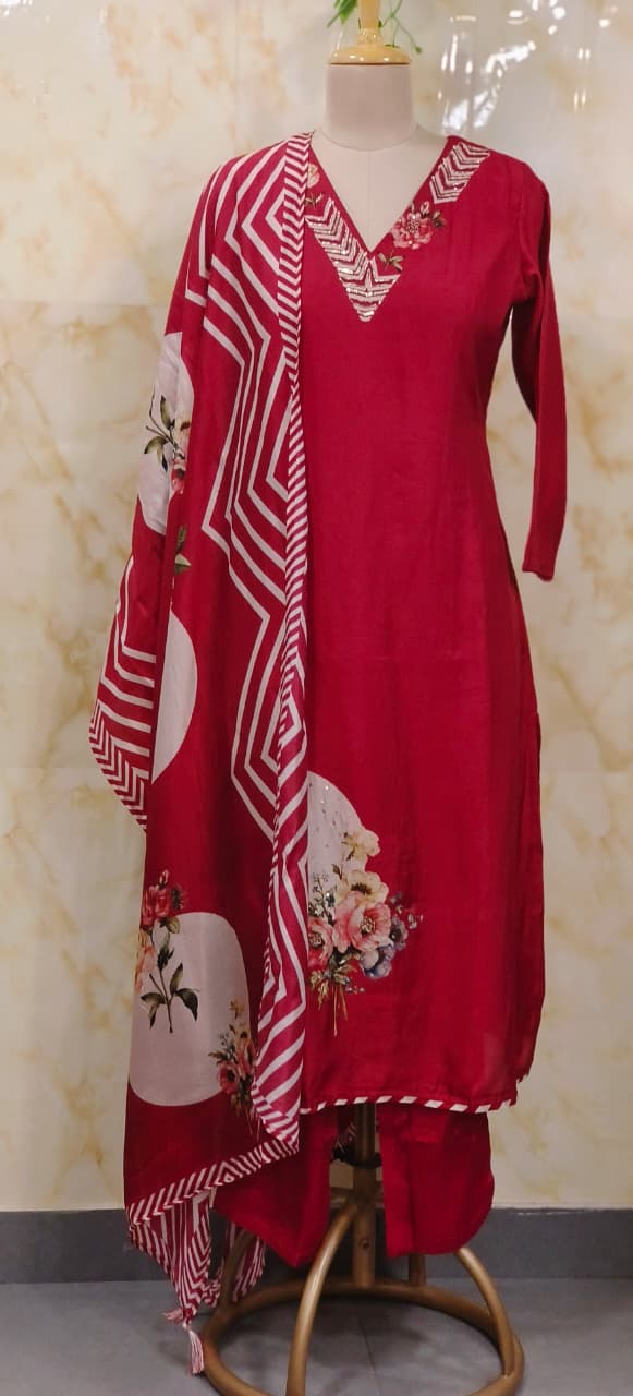 Digital Floral Print V-Necked A-Line Full Suit Set With Dupatta In Russian Silk Fabric- 11572