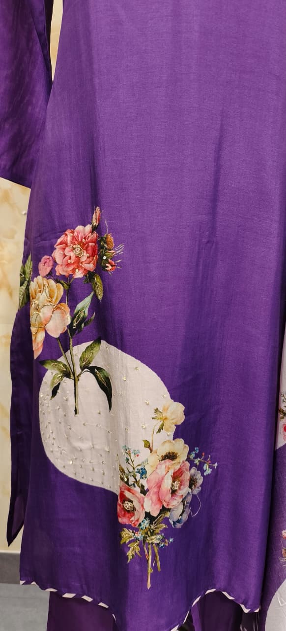 Digital Floral Print V-Necked A-Line Full Suit Set With Dupatta In Russian Silk Fabric- 11572