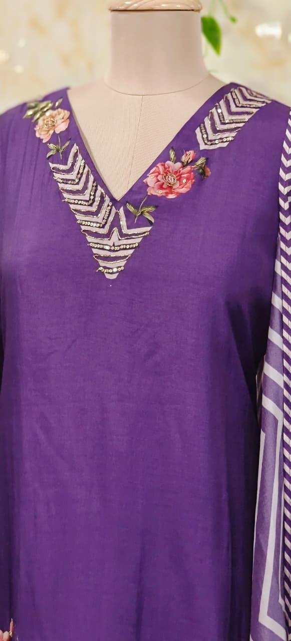 Digital Floral Print V-Necked A-Line Full Suit Set With Dupatta In Russian Silk Fabric- 11572