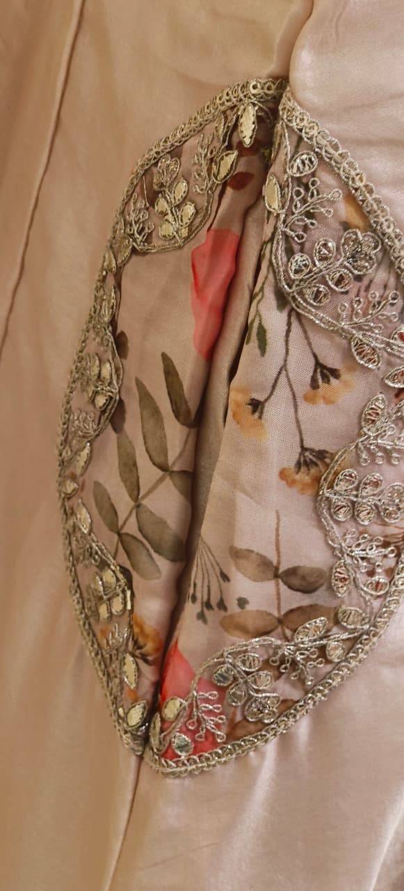 Floral Pocket Look Panel A-Line Full Suit Set With Flower Prints Dupatta In Silk Fabric- 11706