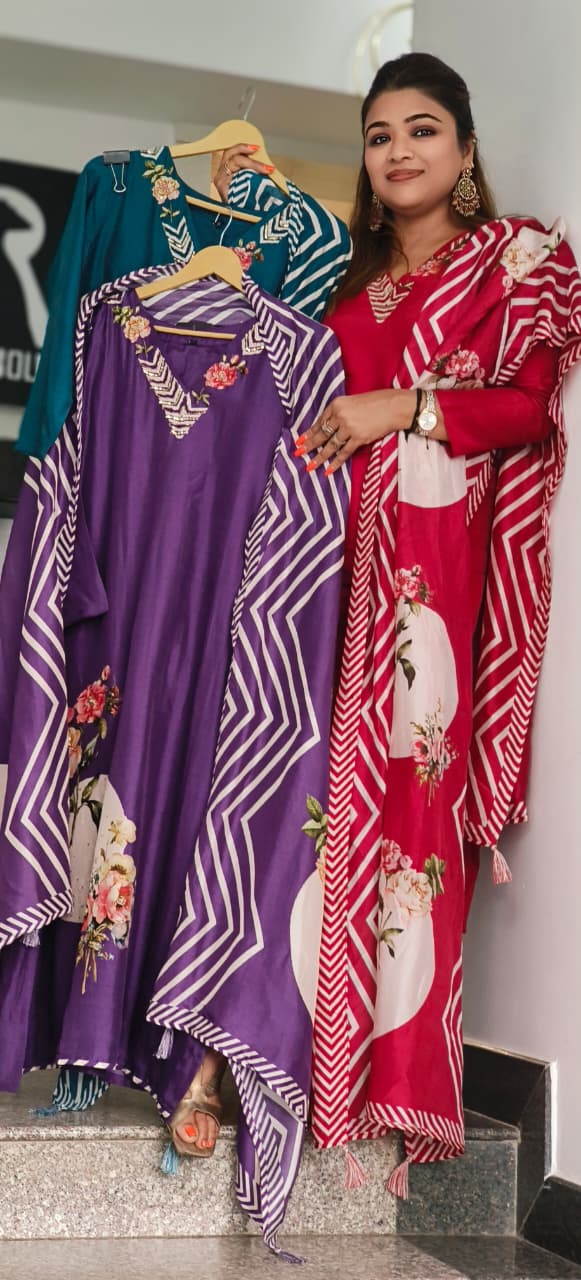 Digital Floral Print V-Necked A-Line Full Suit Set With Dupatta In Russian Silk Fabric- 11572