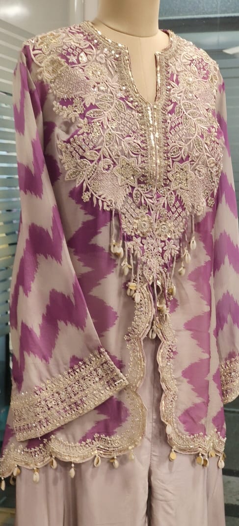 Zig-Zag Striped Heavy Handworked Tasseled Cape With Padded Buster & Flared Palazzo Bottom- 11739, 11738, 11737