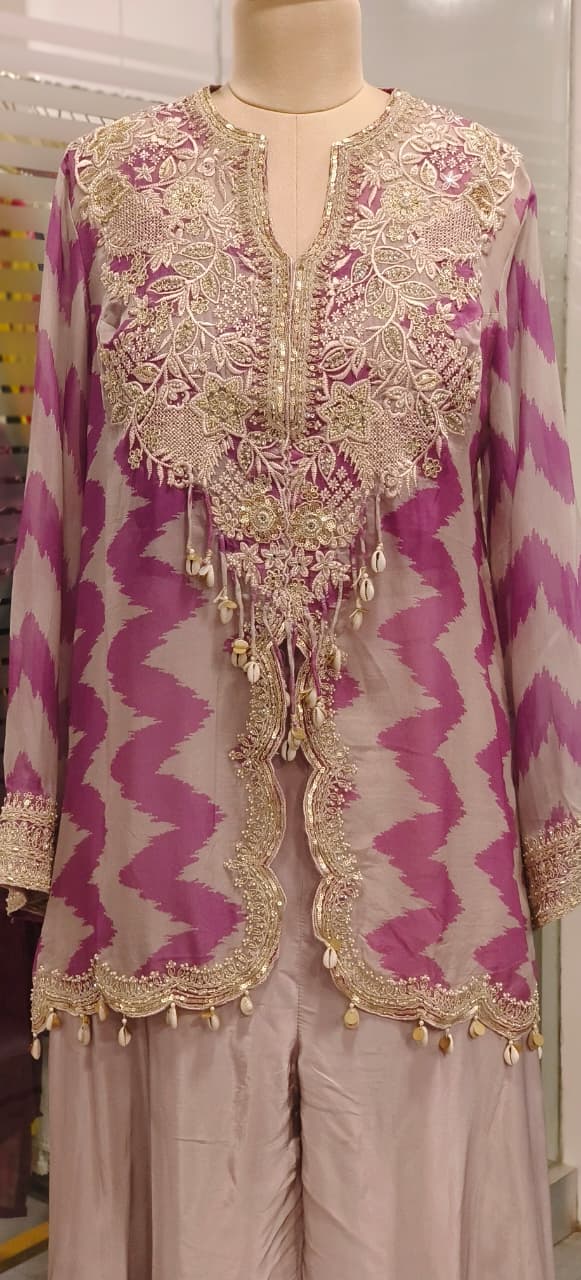 Zig-Zag Striped Heavy Handworked Tasseled Cape With Padded Buster & Flared Palazzo Bottom- 11739, 11738, 11737