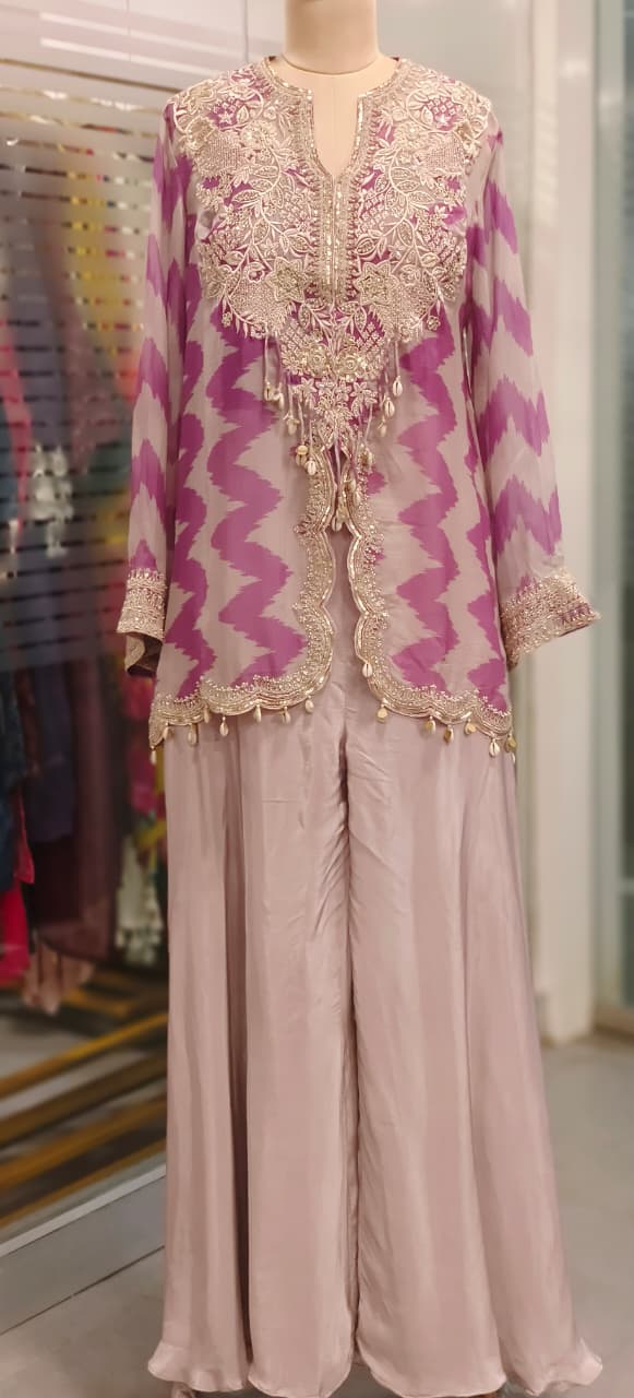 Zig-Zag Striped Heavy Handworked Tasseled Cape With Padded Buster & Flared Palazzo Bottom- 11739, 11738, 11737