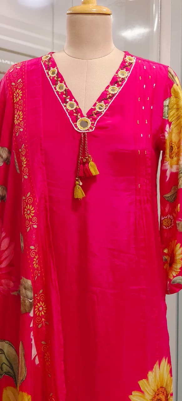 Glass Neck Real Mirror Elegance Floral Bloom Full Suit Set With Dupatta In Crepe Fabric- 11721, 11722