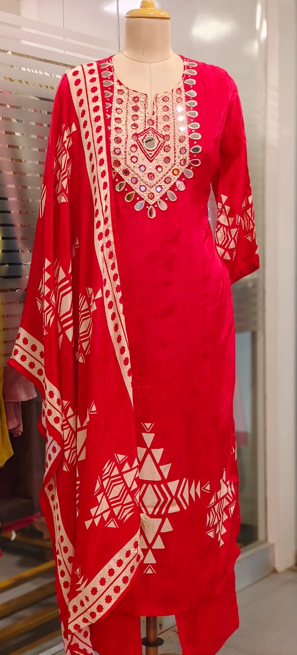 Graceful Real Mirror Yoke Unique Yoke Full Suit Set With Dupatta In Crepe Fabric- 11777, 11778