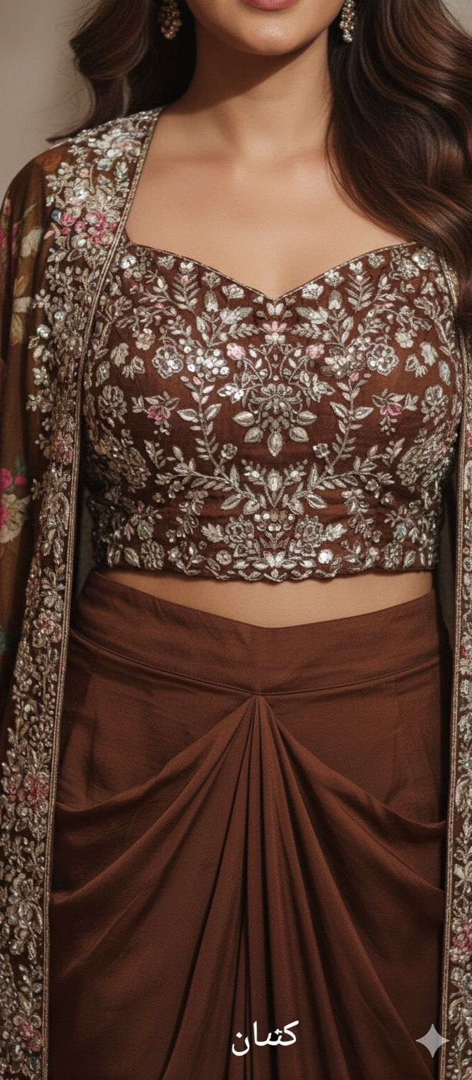 Cut Dana Beads Embellished Heavy Handwork Floral Printed Shrug With Crop Top & Drape Skirt- 11753, 11751, 11749