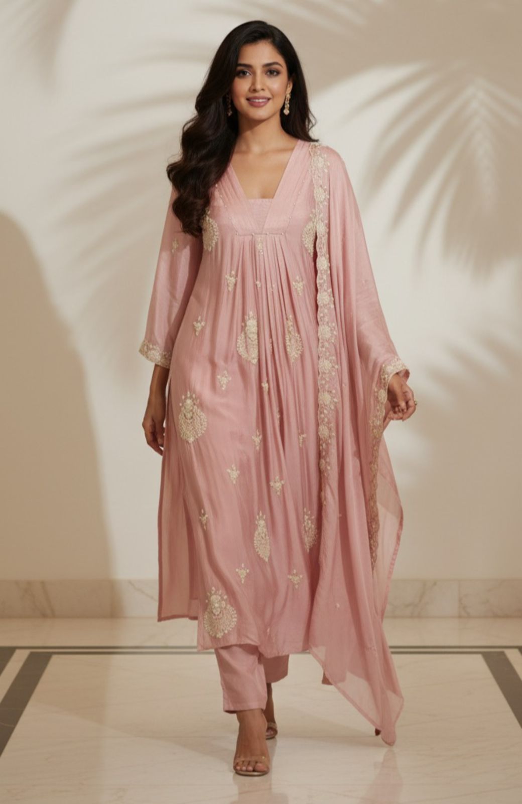 Pastel Elegance Glass Neck Embroidered Chinon Anarkali Full Suit Set With Dupatta- 11797, 11798