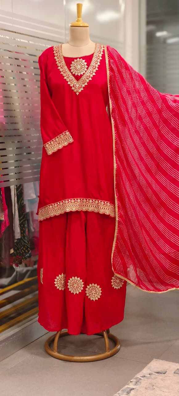 Beautiful Neck Line Front Work A-Line Russian Silk Full Suit Set With Dupatta & Mul Chanderi Palazzo Bottom- 11827