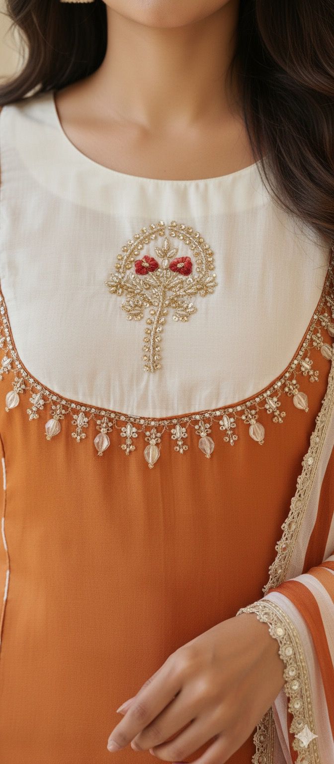 U-Yoke Zardosi Embroidered A-Line Full Suit Set With Striped Dupatta In Crepe Fabric- 11781, 11782