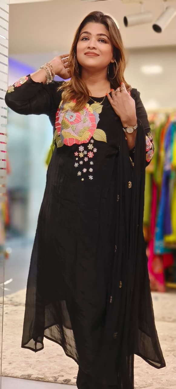 Colorful Vibrant Thread Embroidery Work A-Line Full Suit Set With Dupatta In Organza Crepe Fabric- 11512