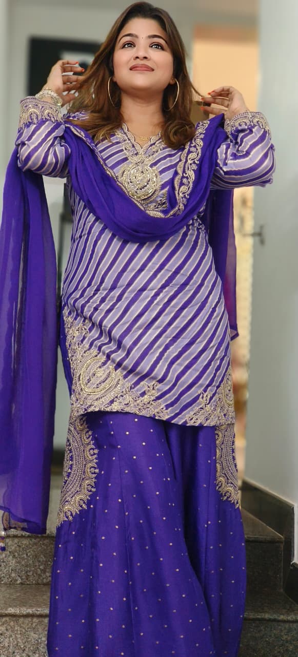 Zari Embroidered Leheriya Full Suit Set With Bordered Dupatta & Beautifully Worked Flared Panel Palazzo Bottom In HO Silk Fabric- 11459