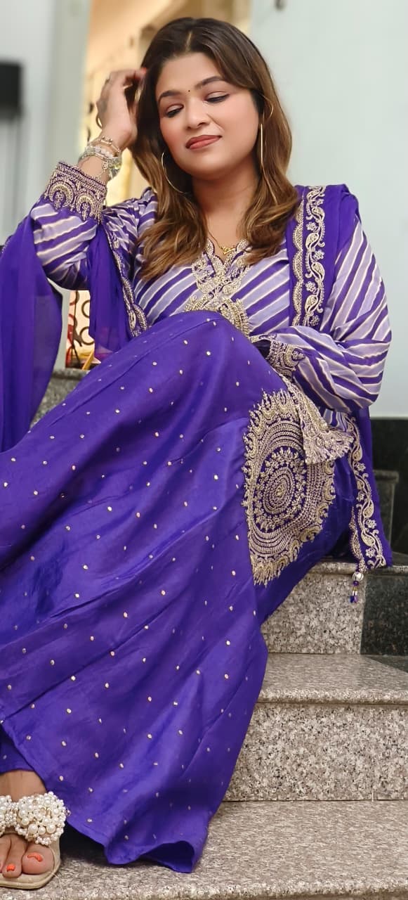 Zari Embroidered Leheriya Full Suit Set With Bordered Dupatta & Beautifully Worked Flared Panel Palazzo Bottom In HO Silk Fabric- 11459