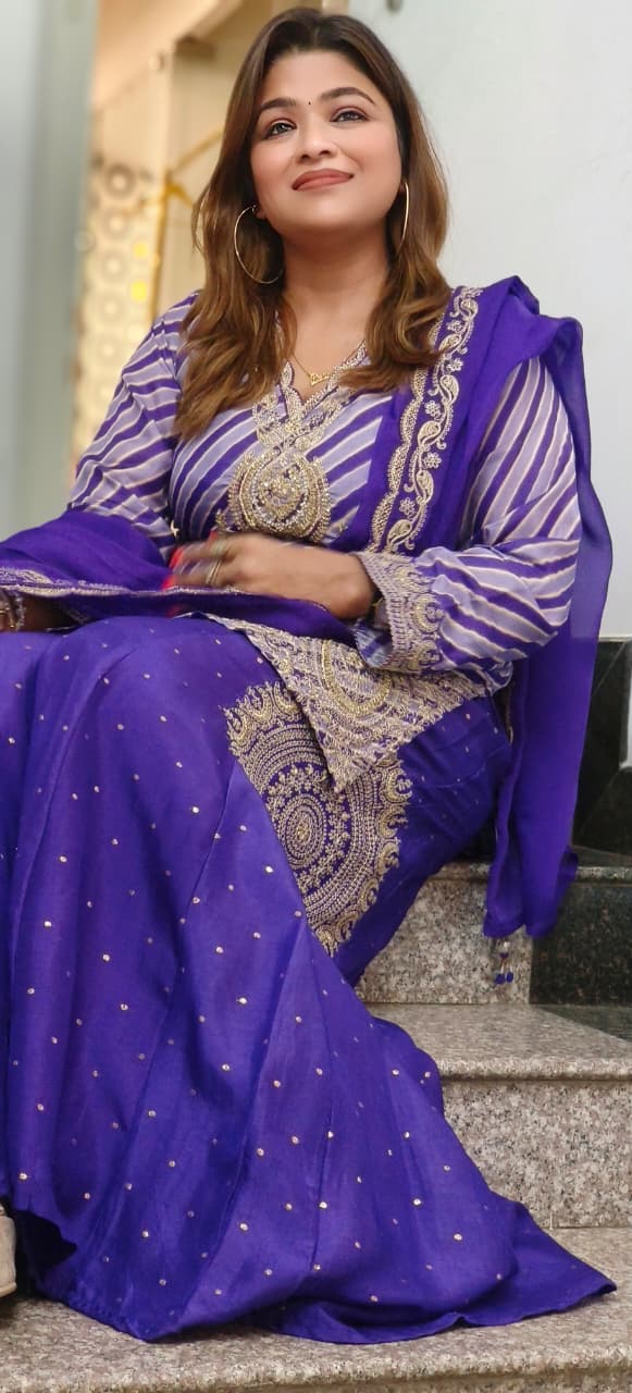 Zari Embroidered Leheriya Full Suit Set With Bordered Dupatta & Beautifully Worked Flared Panel Palazzo Bottom In HO Silk Fabric- 11459