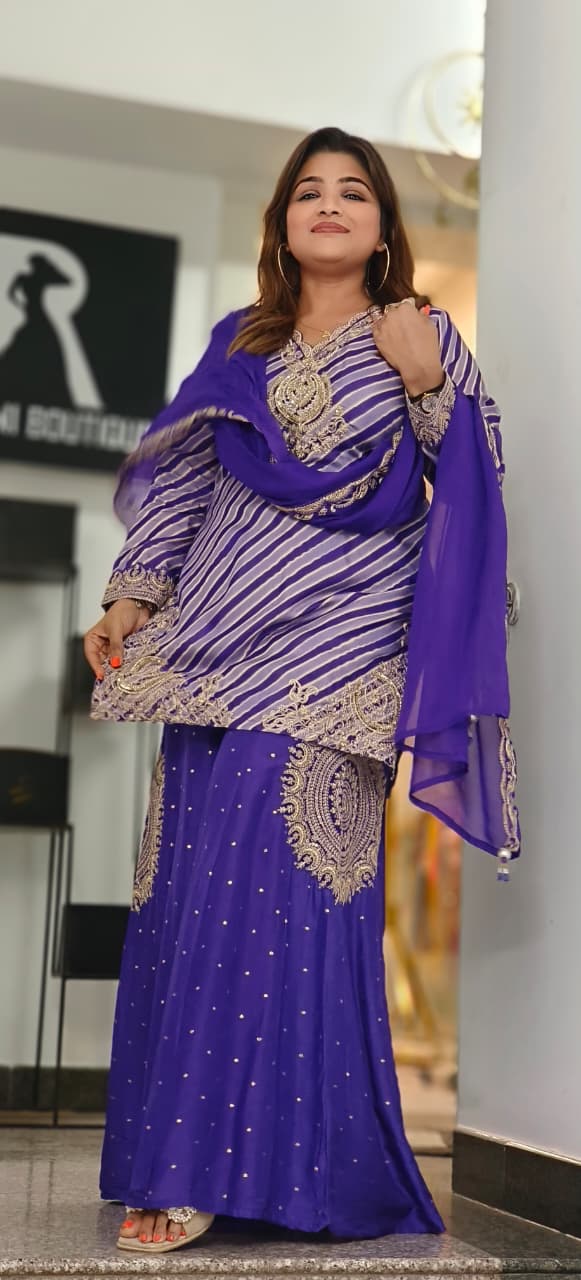 Zari Embroidered Leheriya Full Suit Set With Bordered Dupatta & Beautifully Worked Flared Panel Palazzo Bottom In HO Silk Fabric- 11459