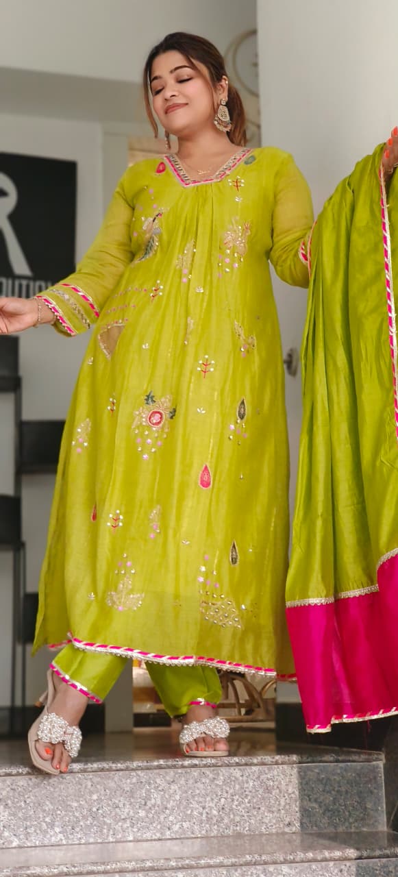 Beautiful Real Mirror V-Neck Embroidered Full Suit Set With Dupatta In Mul Chanderi Fabric- 10795, 10796