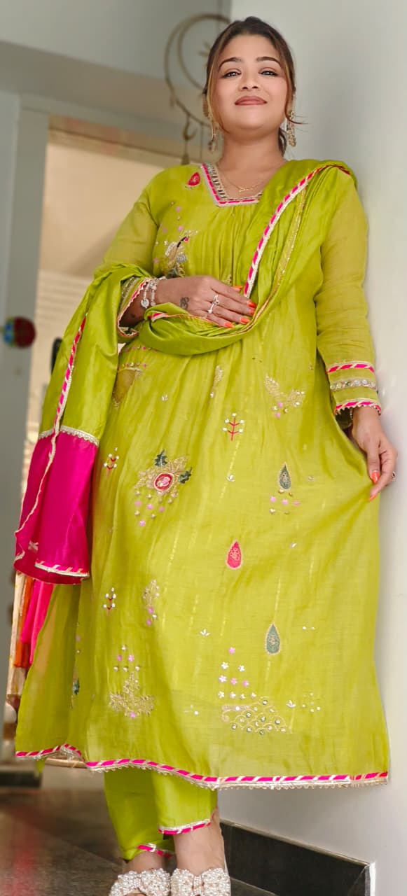 Beautiful Real Mirror V-Neck Embroidered Full Suit Set With Dupatta In Mul Chanderi Fabric- 10795, 10796