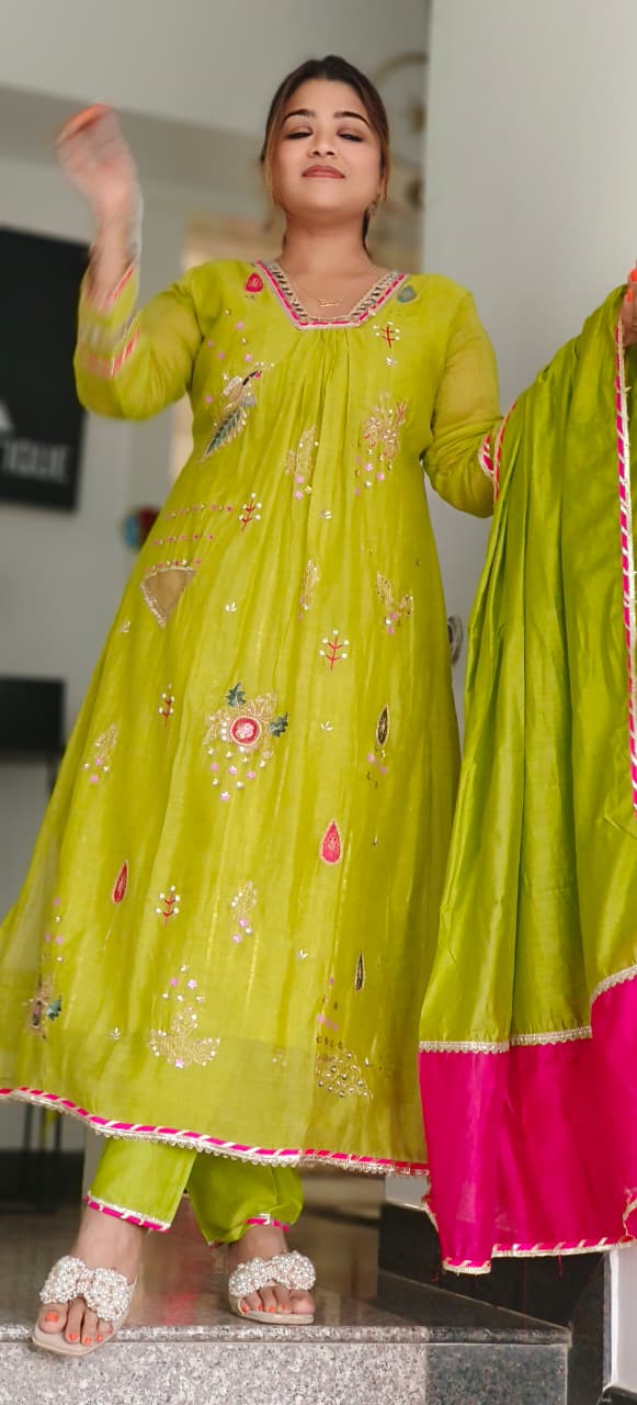 Beautiful Real Mirror V-Neck Embroidered Full Suit Set With Dupatta In Mul Chanderi Fabric- 10795, 10796