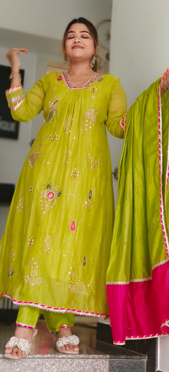 Beautiful Real Mirror V-Neck Embroidered Full Suit Set With Dupatta In Mul Chanderi Fabric- 10795, 10796