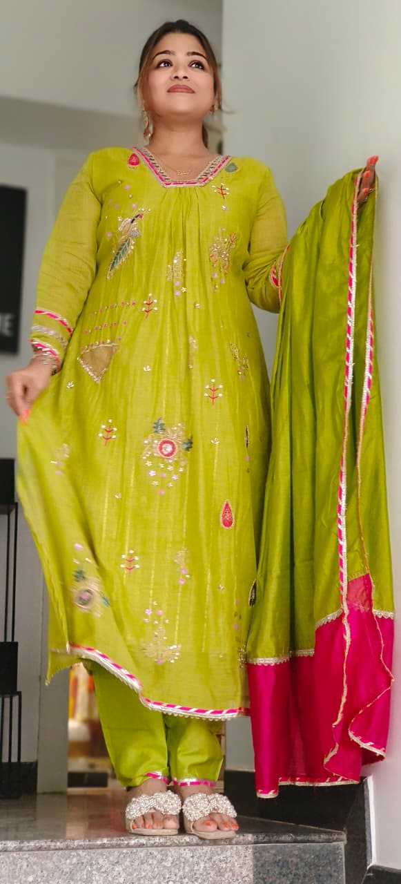 Beautiful Real Mirror V-Neck Embroidered Full Suit Set With Dupatta In Mul Chanderi Fabric- 10795, 10796