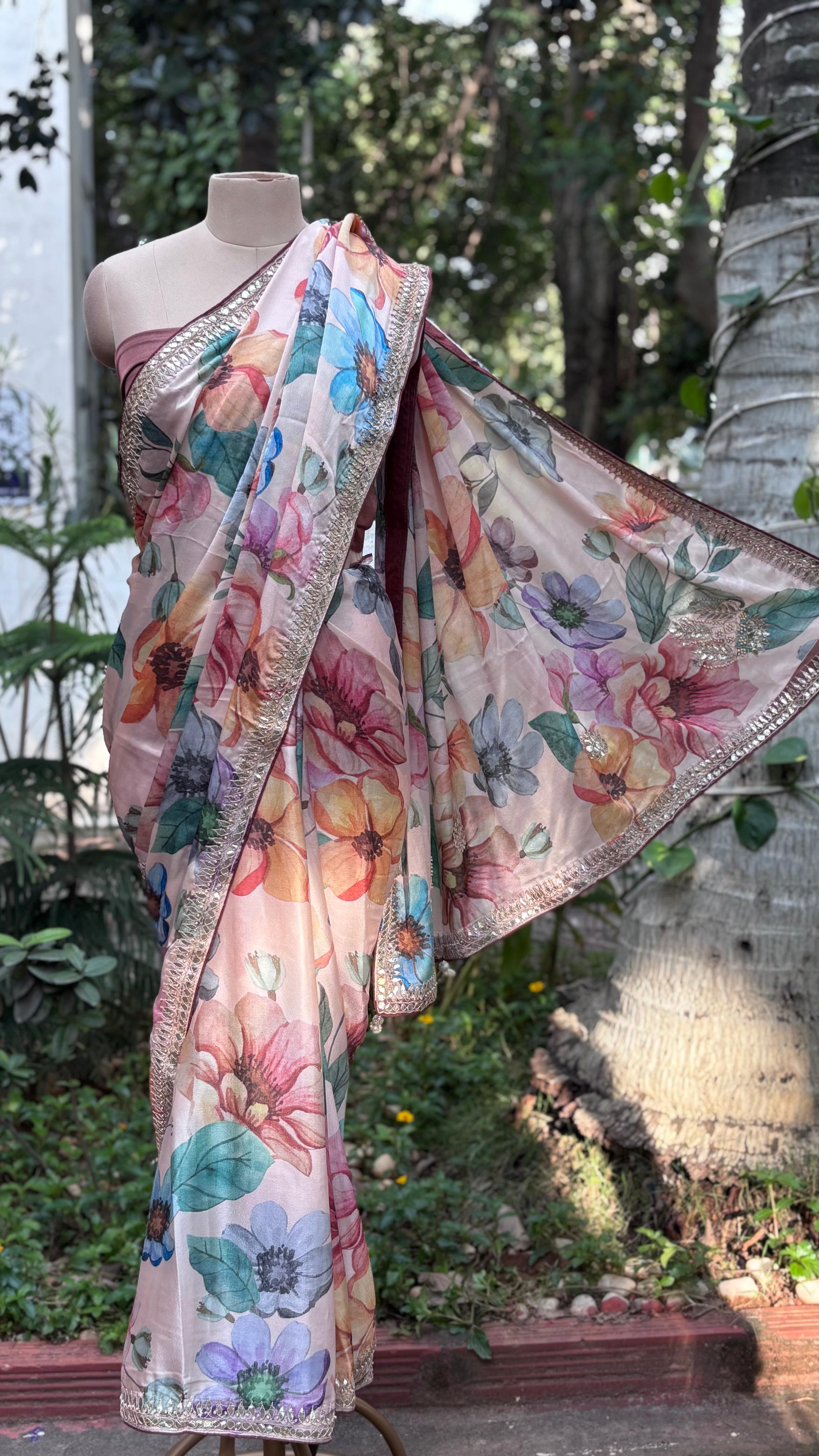 Very Uniquely Worked Digital Floral Prints Saree With Unstitched Blouse